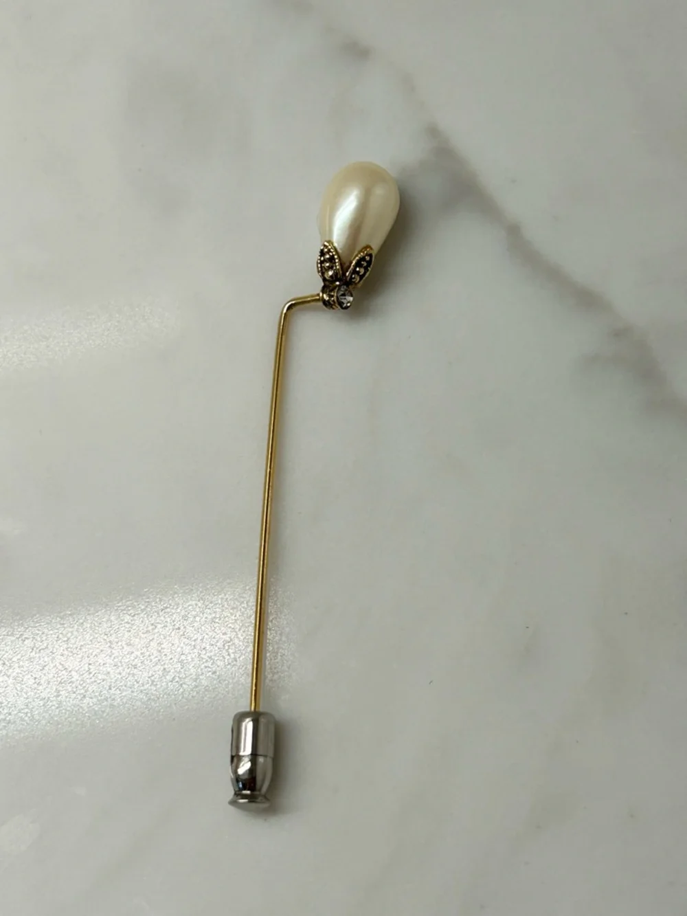 Faux Pearl Teardrop Stick Pin Lapel Pin - Cream and Gold